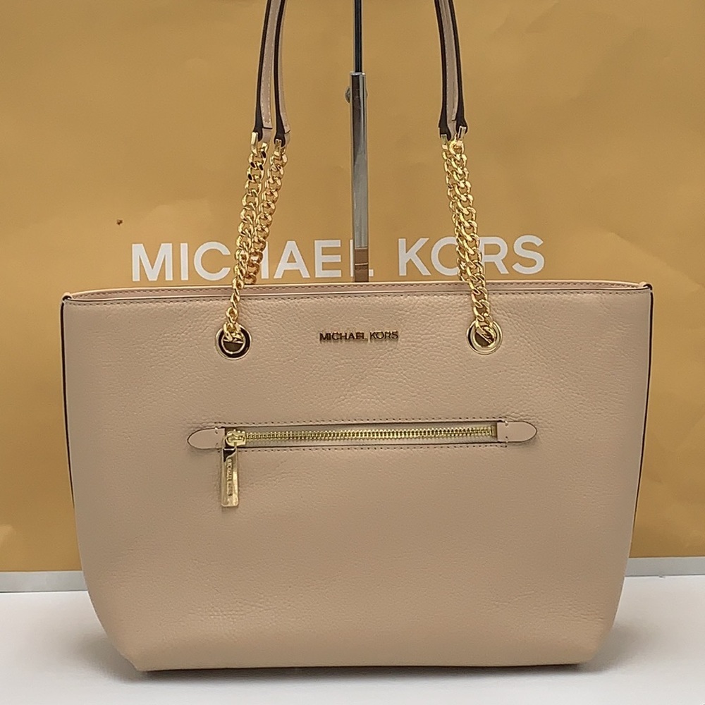 Michael Kors Jet Set Item Medium Front Pocket Shoulder Chain Tote BUFF COLOR - Picture 2 of 13